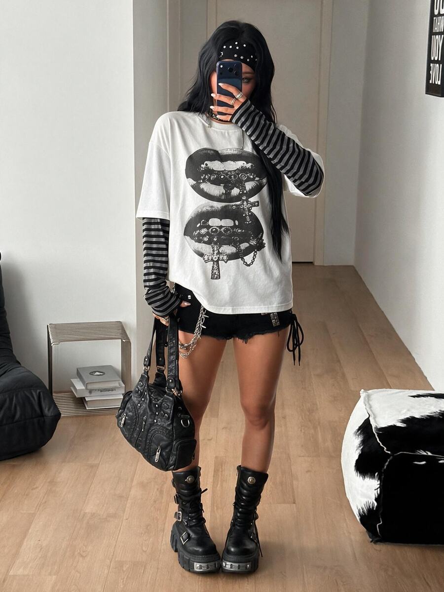 Women's casual graphic long sleeve t-shirt with a round neck, drop shoulder sleeves, and loose relaxed fit.