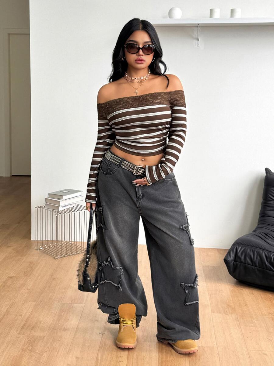Women's striped off the shoulder long-sleeve top with contrast lace trim and ribbed knit texture.