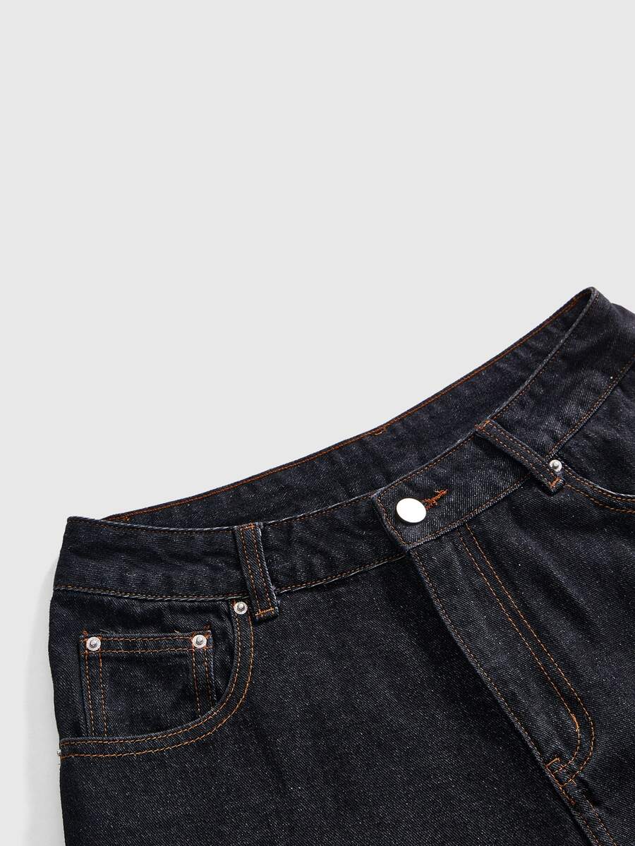 Women's black loose wide leg jeans with detailed crane and landscape embroidery, zipper fly, and ultra low waist.