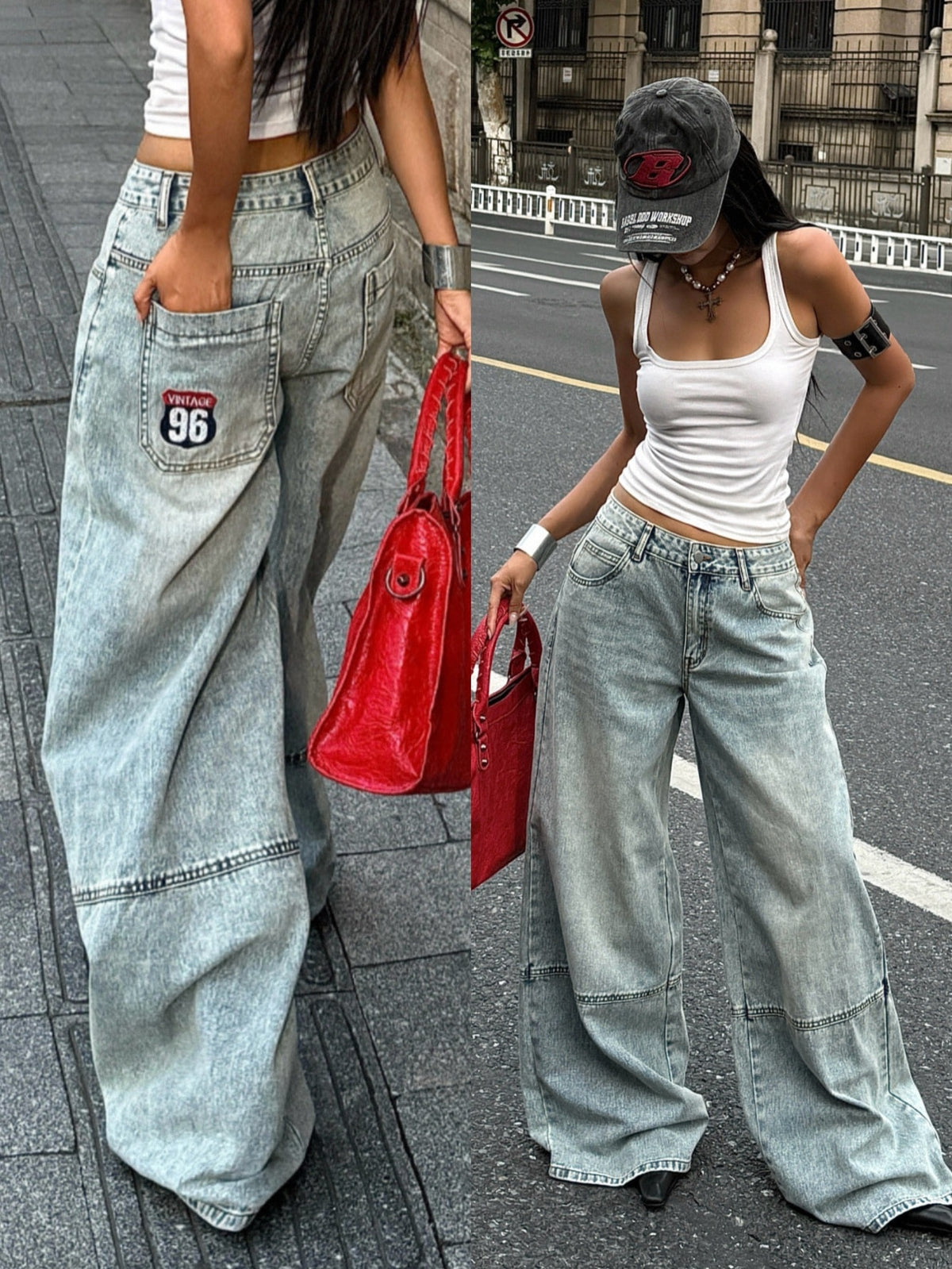 Women's loose wide-leg jeans in light wash denim with low waist and extra-long relaxed fit