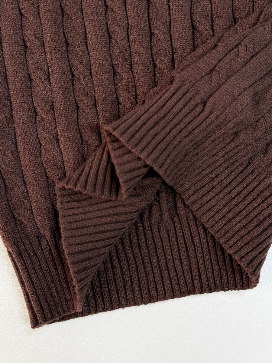 Front view of a women's brown off-the-shoulder sweater with cable-knit detailing and three-quarter sleeves