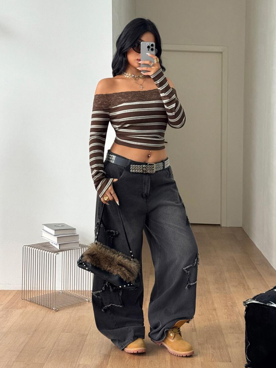 Women's striped off the shoulder long-sleeve top with contrast lace trim and ribbed knit texture.