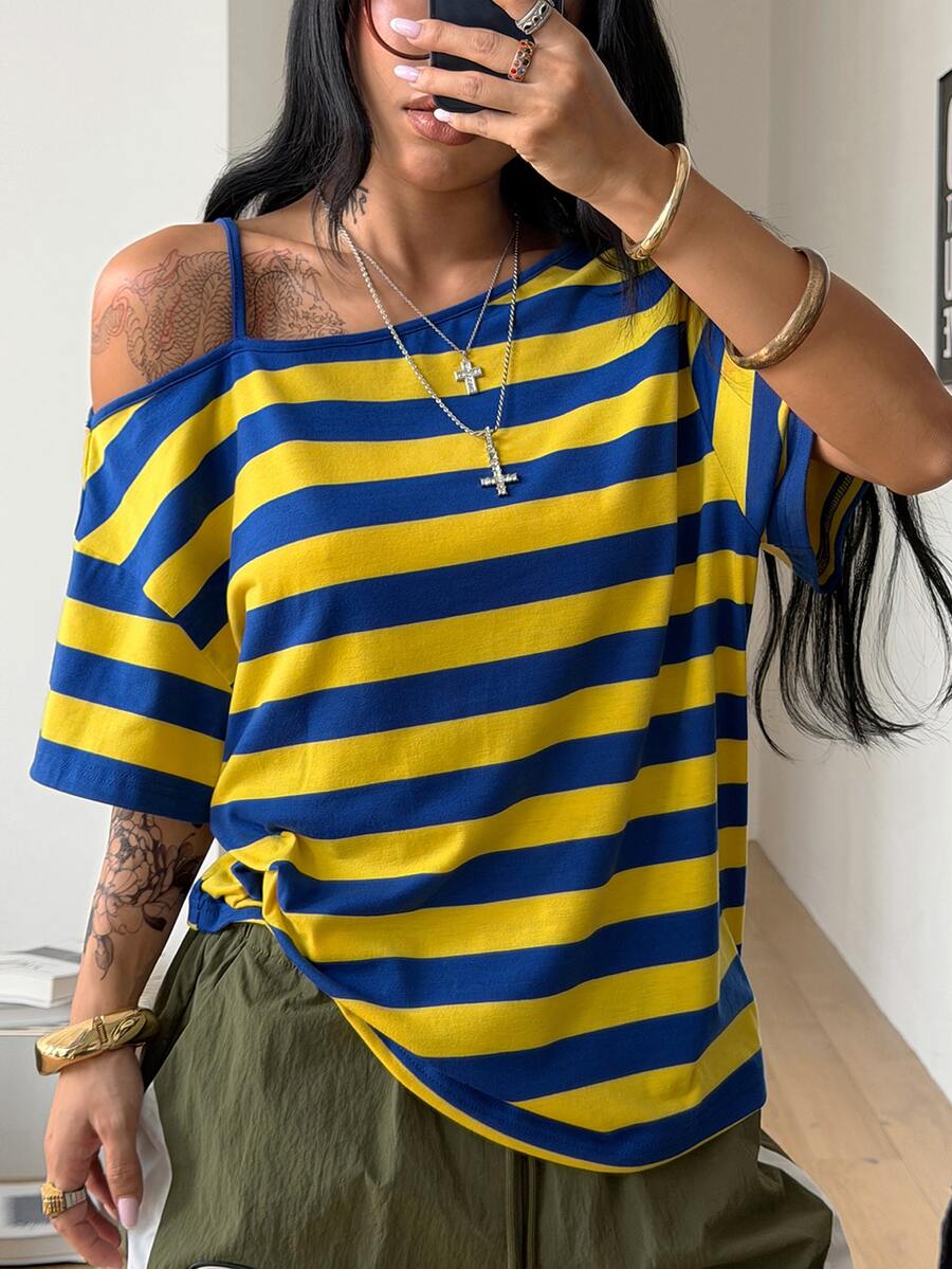 Women's casual loose fit cold shoulder cotton t-shirt with asymmetrical cutout neckline and short sleeves.
