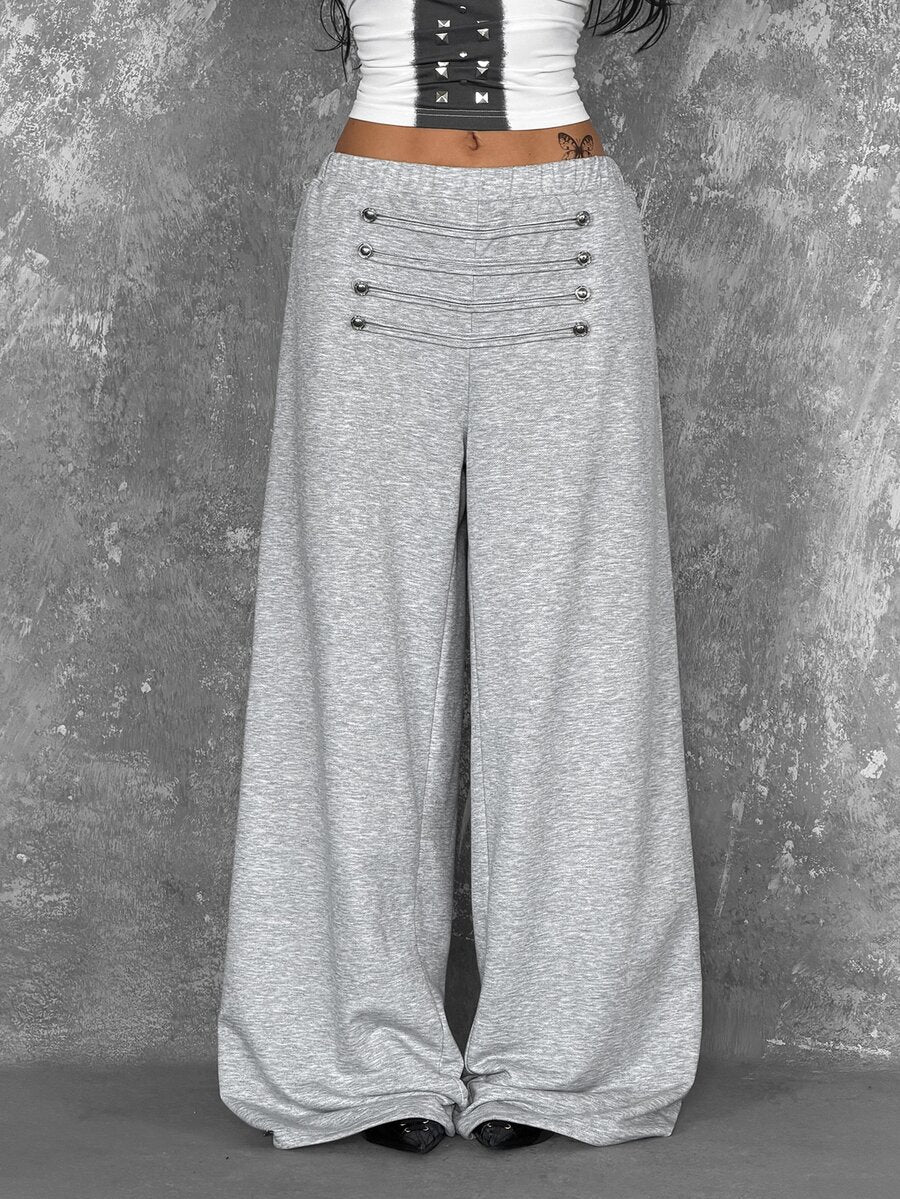 Women's loose fit wide leg graphic sweatpants in light grey with an elastic drawstring waistband