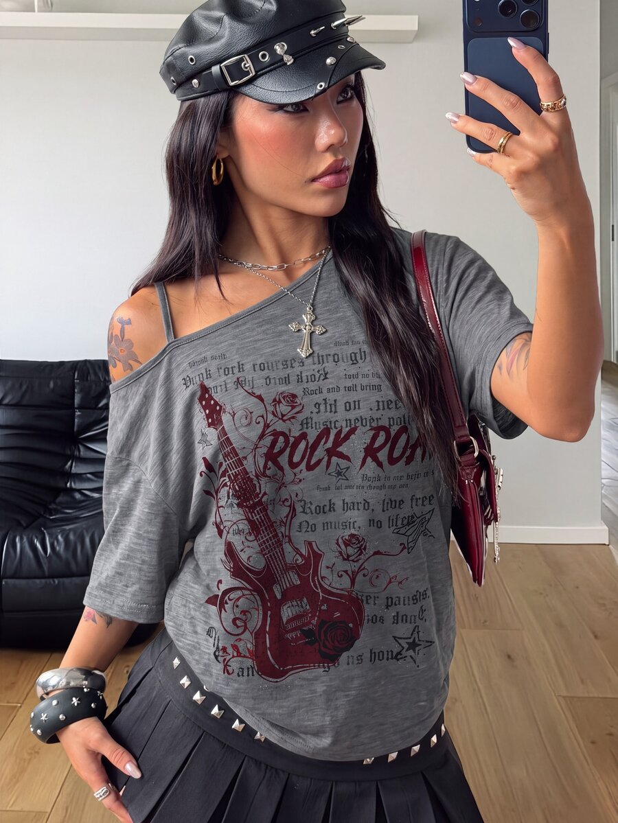 Women's casual loose fit cold shoulder cotton t-shirt with asymmetrical cutout neckline and short sleeves.