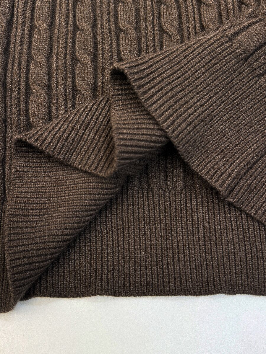 Women's brown V-neck cable knit slim fit long sleeve sweater with textured knit pattern