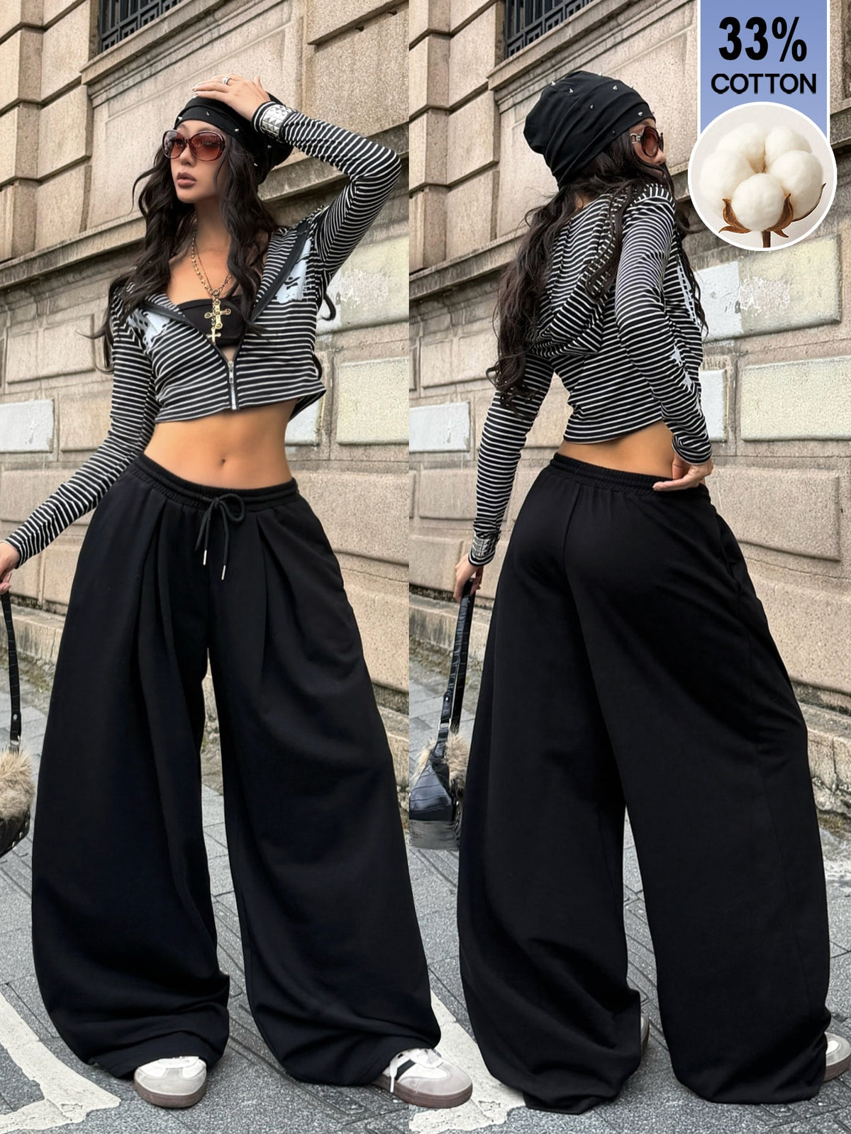 Women's casual black loose fit baggy banana pants featuring a low rise elastic drawstring waist and side pockets.