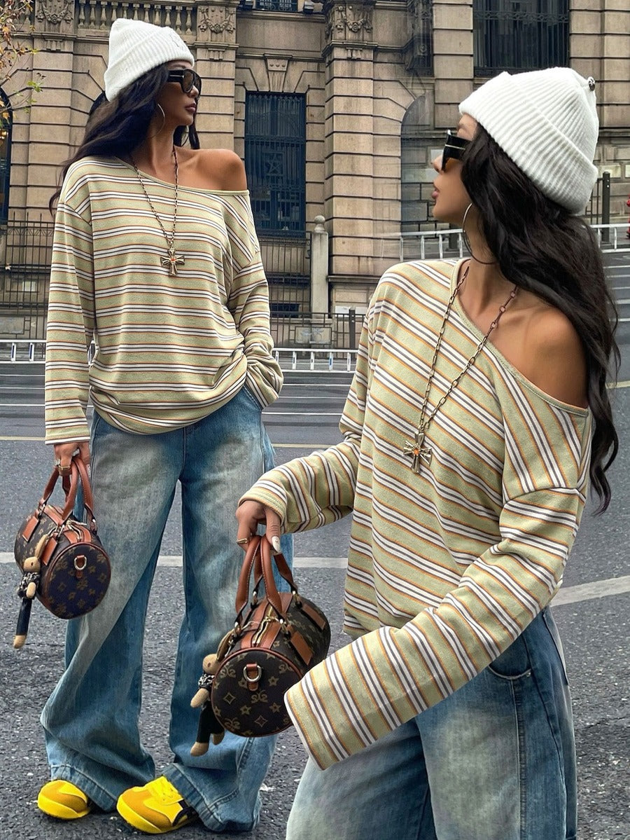 Women's brown striped boat neck long sleeve raglan T-shirt with a loose casual fit