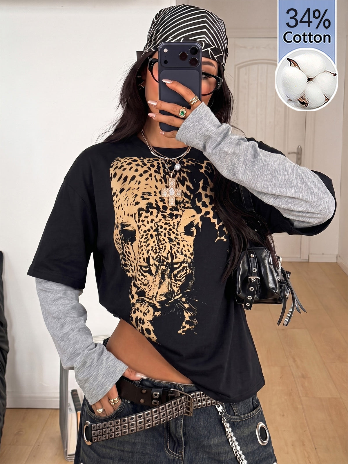 Women's casual graphic long sleeve t-shirt with a round neck, drop shoulder sleeves, and loose relaxed fit.
