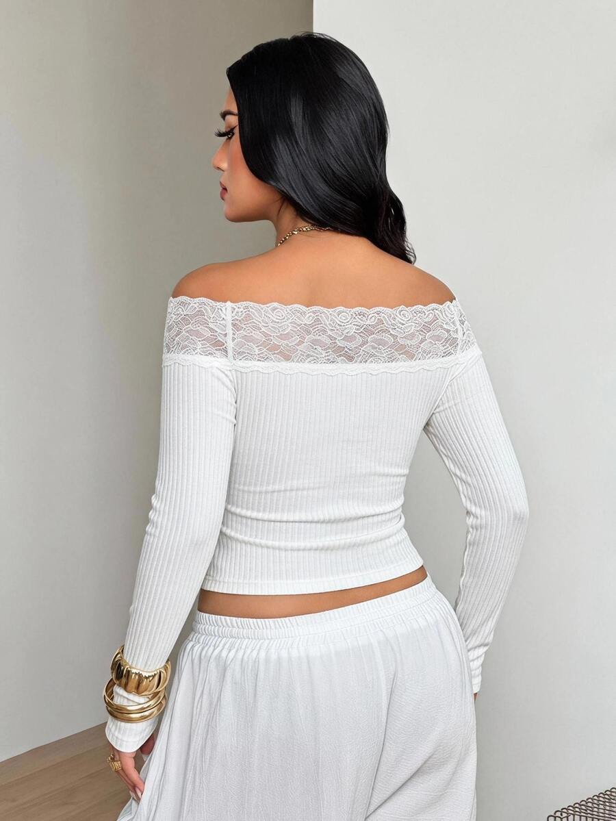 Women's striped off the shoulder long-sleeve top with contrast lace trim and ribbed knit texture.