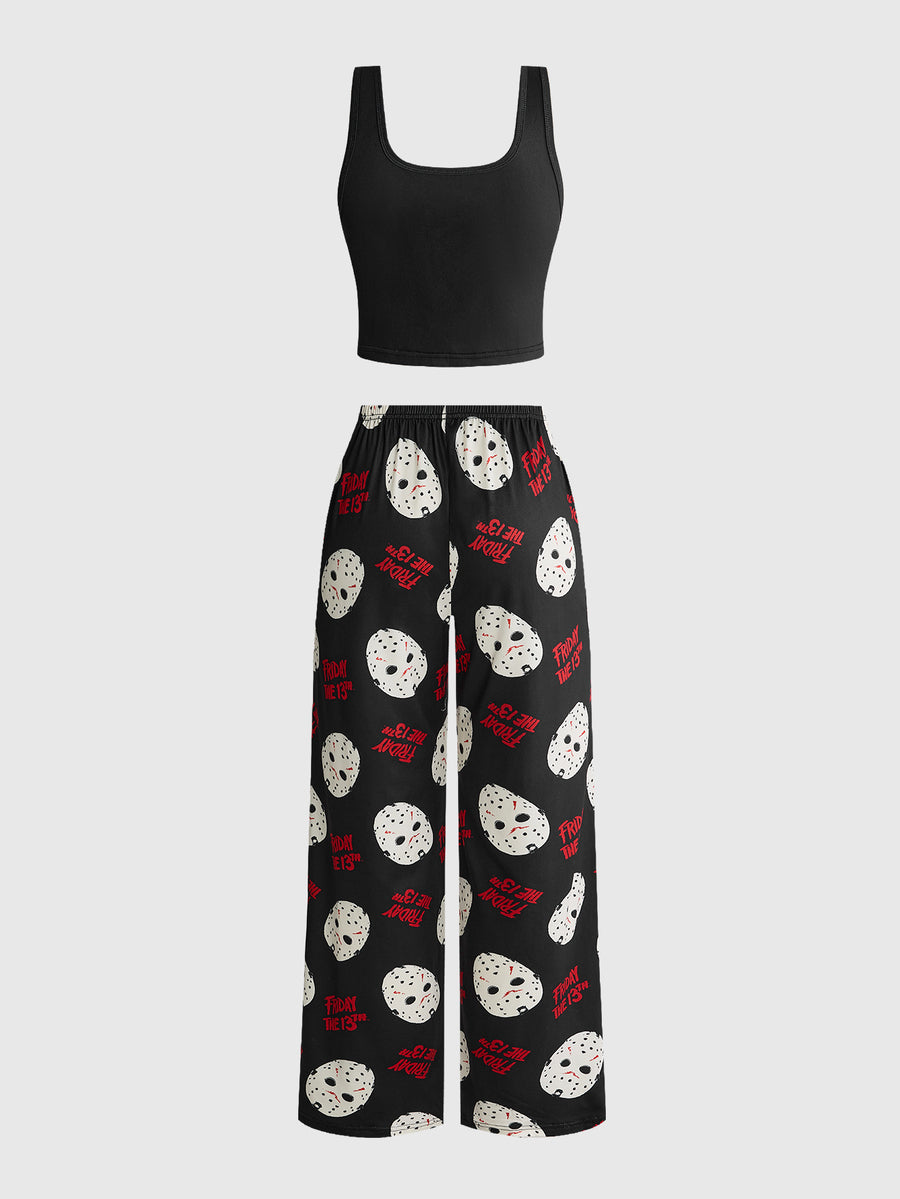 Women's gothic skull face print pajama set featuring a slim fit crop camisole and matching pants
