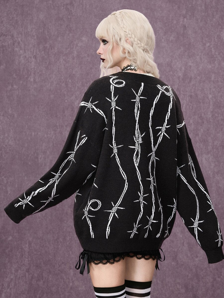 Women's oversized gothic thorn jacquard knit cardigan with V-neckline, button-front closure, and long drop-shoulder sleeves.