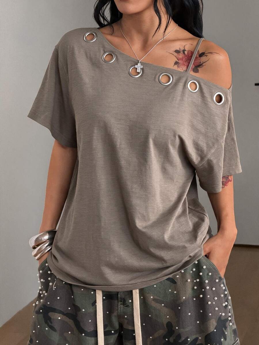 Women's casual loose fit cold shoulder cotton t-shirt with asymmetrical cutout neckline and short sleeves.