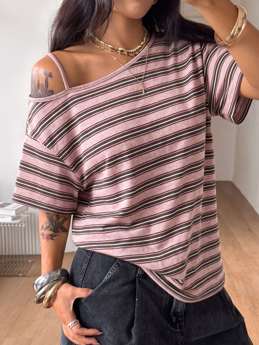 Women's casual loose fit cold shoulder cotton t-shirt with asymmetrical cutout neckline and short sleeves.