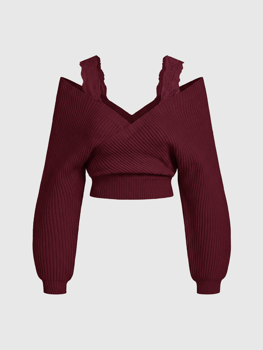 Women's two-piece rib-knit sweater set featuring a long-sleeve cold-shoulder crop top with strap details and matching wide-leg pants.