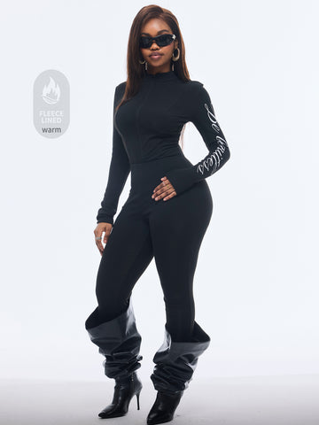 Fitted long sleeve unitard jumpsuit for women featuring a stand collar and front zipper closure in a solid color athletic style.