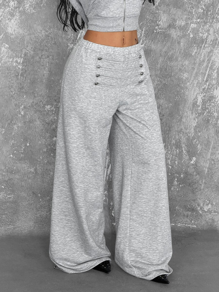 Women's loose fit wide leg graphic sweatpants in light grey with an elastic drawstring waistband