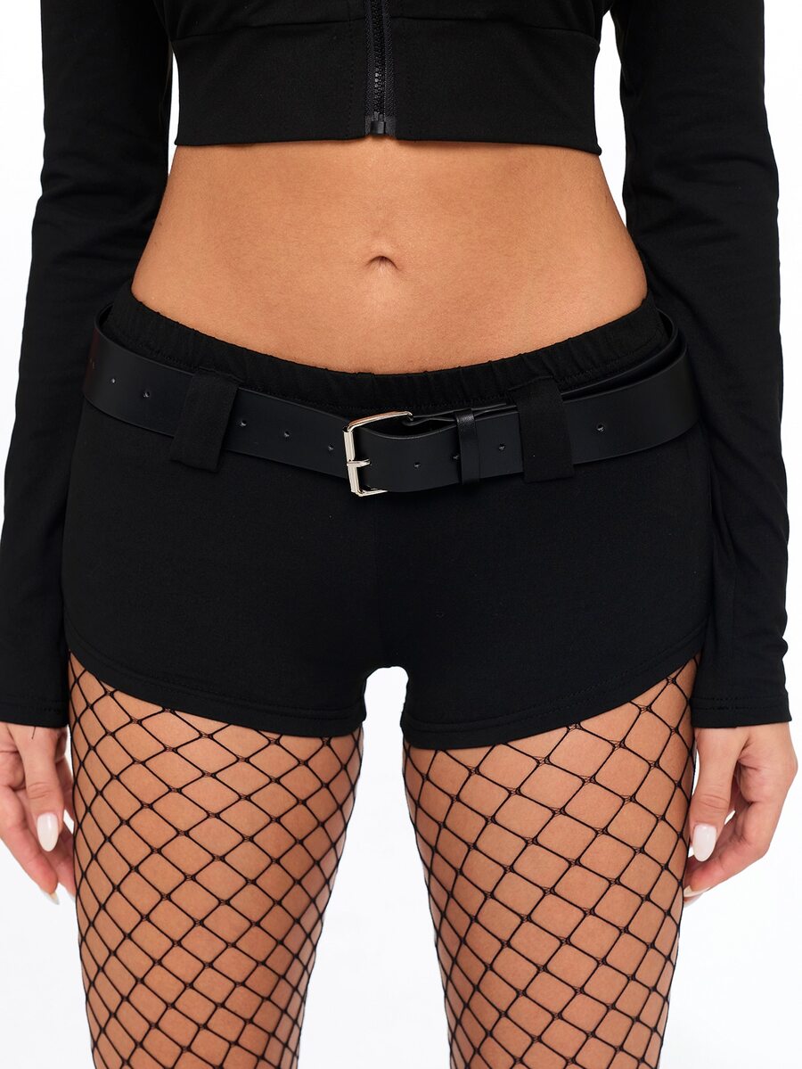 Women's two-piece black police cosplay costume set including a long sleeve zip-up cropped lapel top and low waist mini shorts.