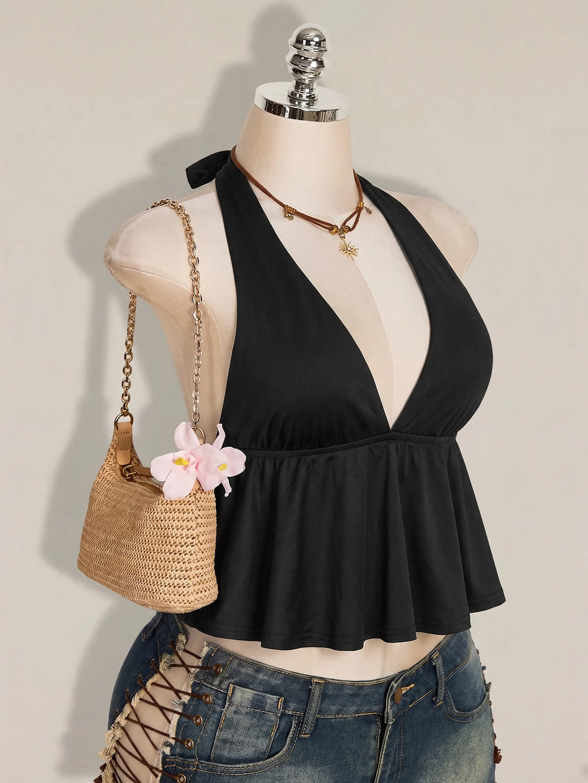Women's Polka Dot Halter Camisole with Ruffle Hem