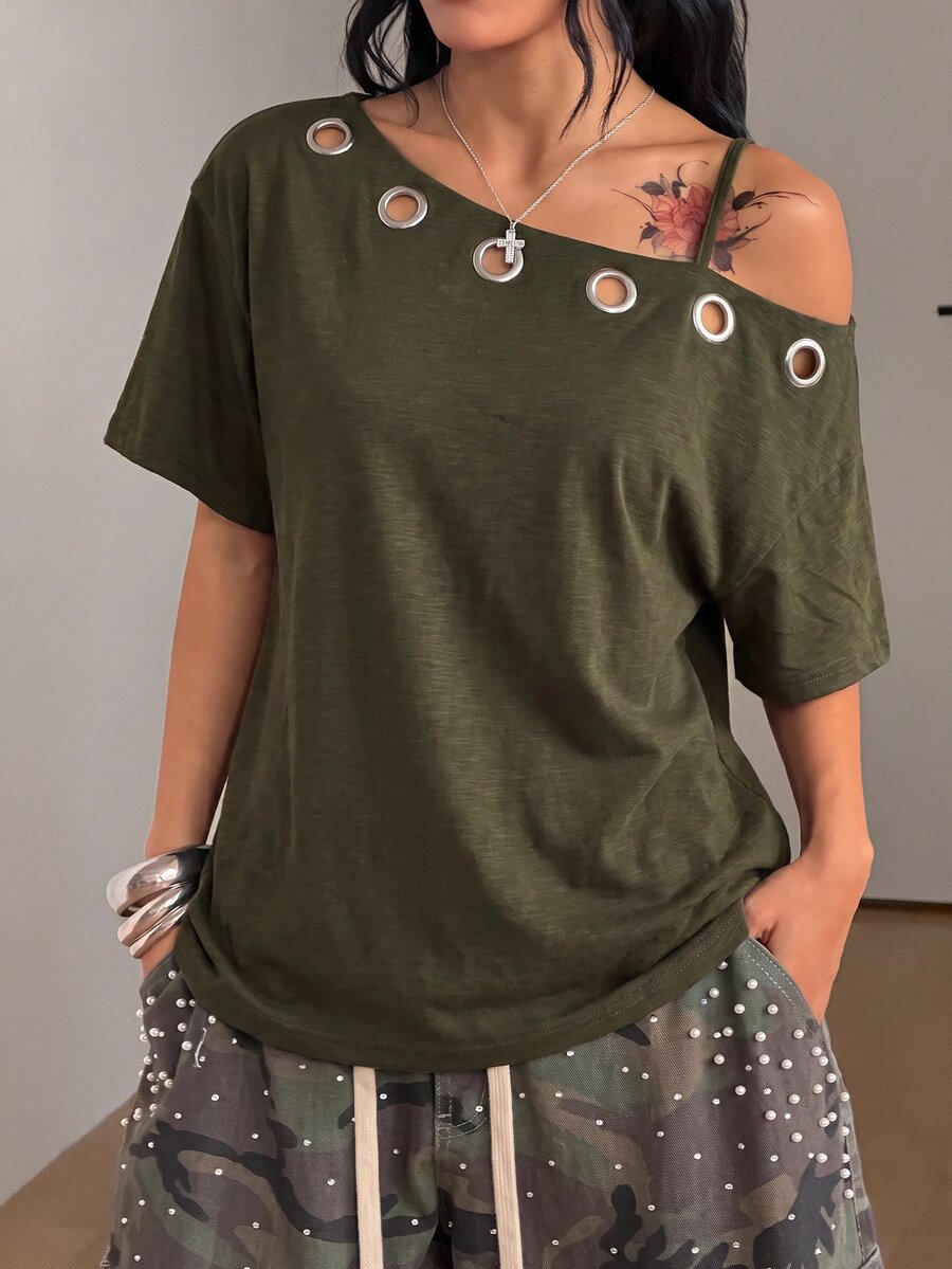 Women's casual loose fit cold shoulder cotton t-shirt with asymmetrical cutout neckline and short sleeves.