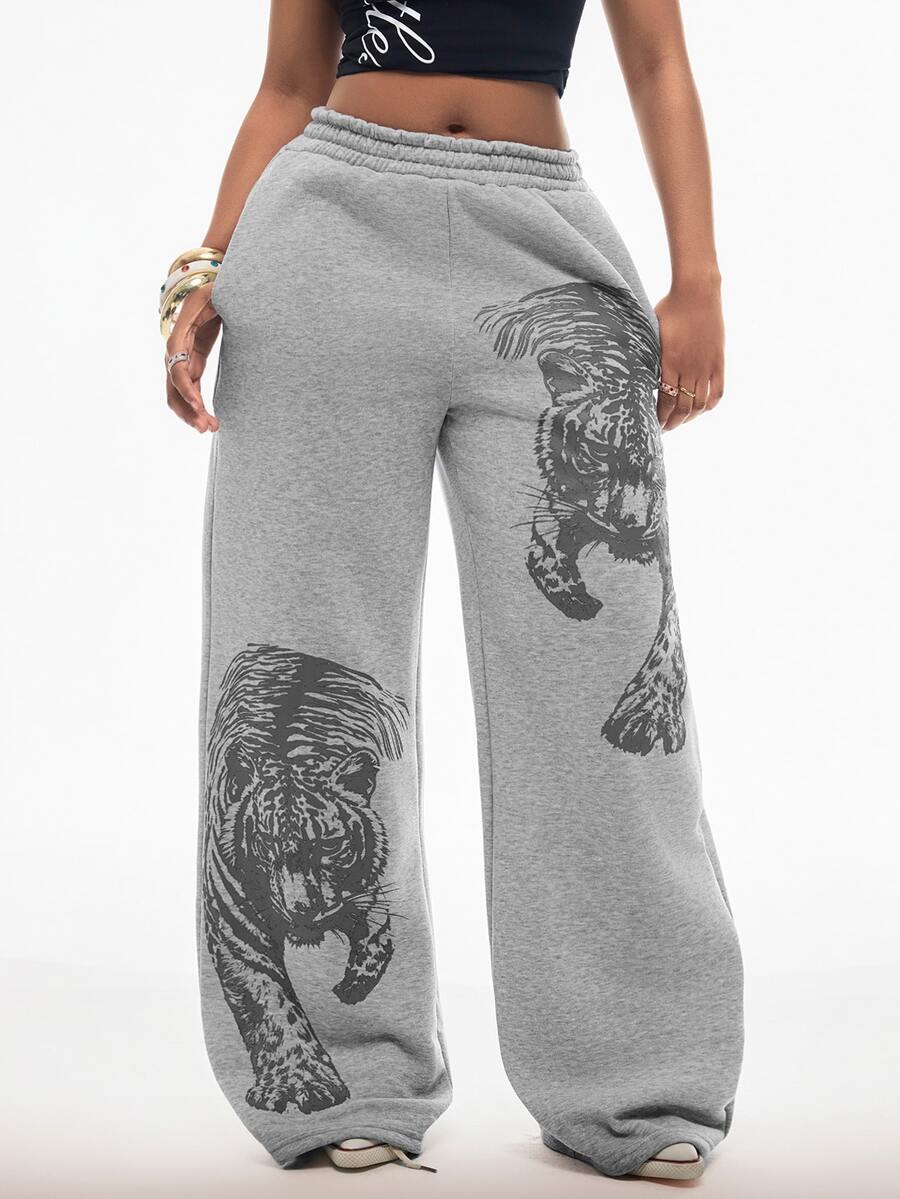 Women's striped straight leg casual trousers with elastic mid waist and side pockets