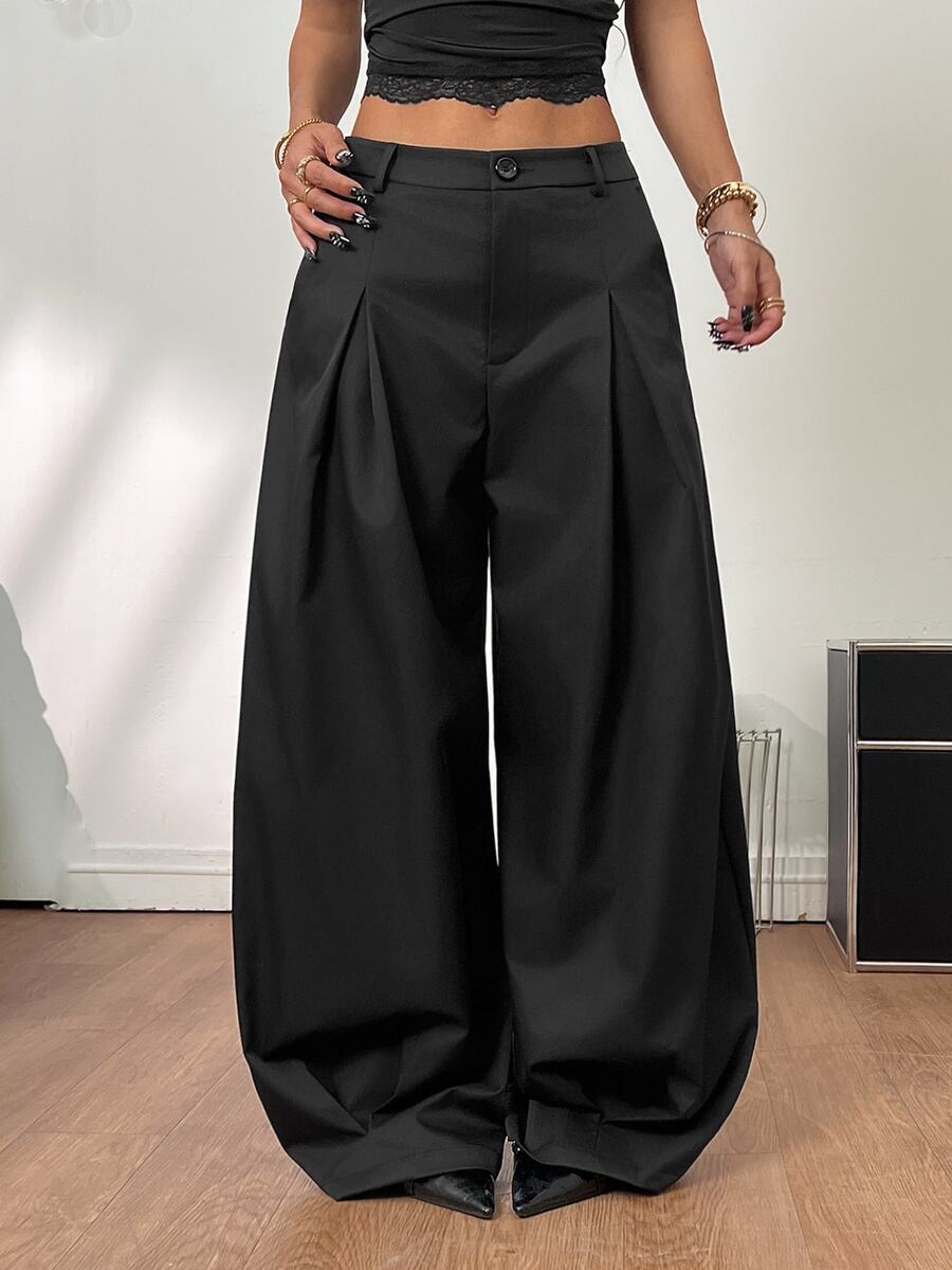 Casual black striped woven long pants for women featuring a low waist and loose fit design.