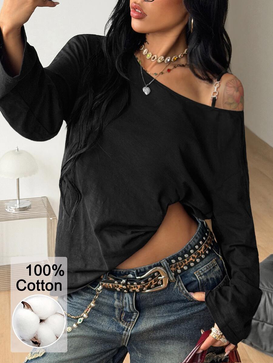 Women's brown striped boat neck long sleeve raglan T-shirt with a loose casual fit