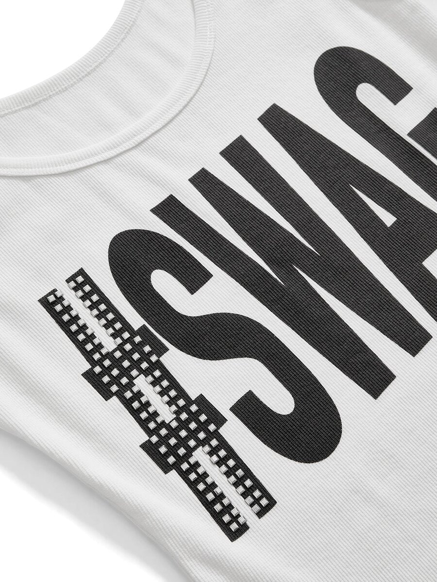 Women's slim fit ribbed scoop neck tank top featuring graphic print and rivet embellishments