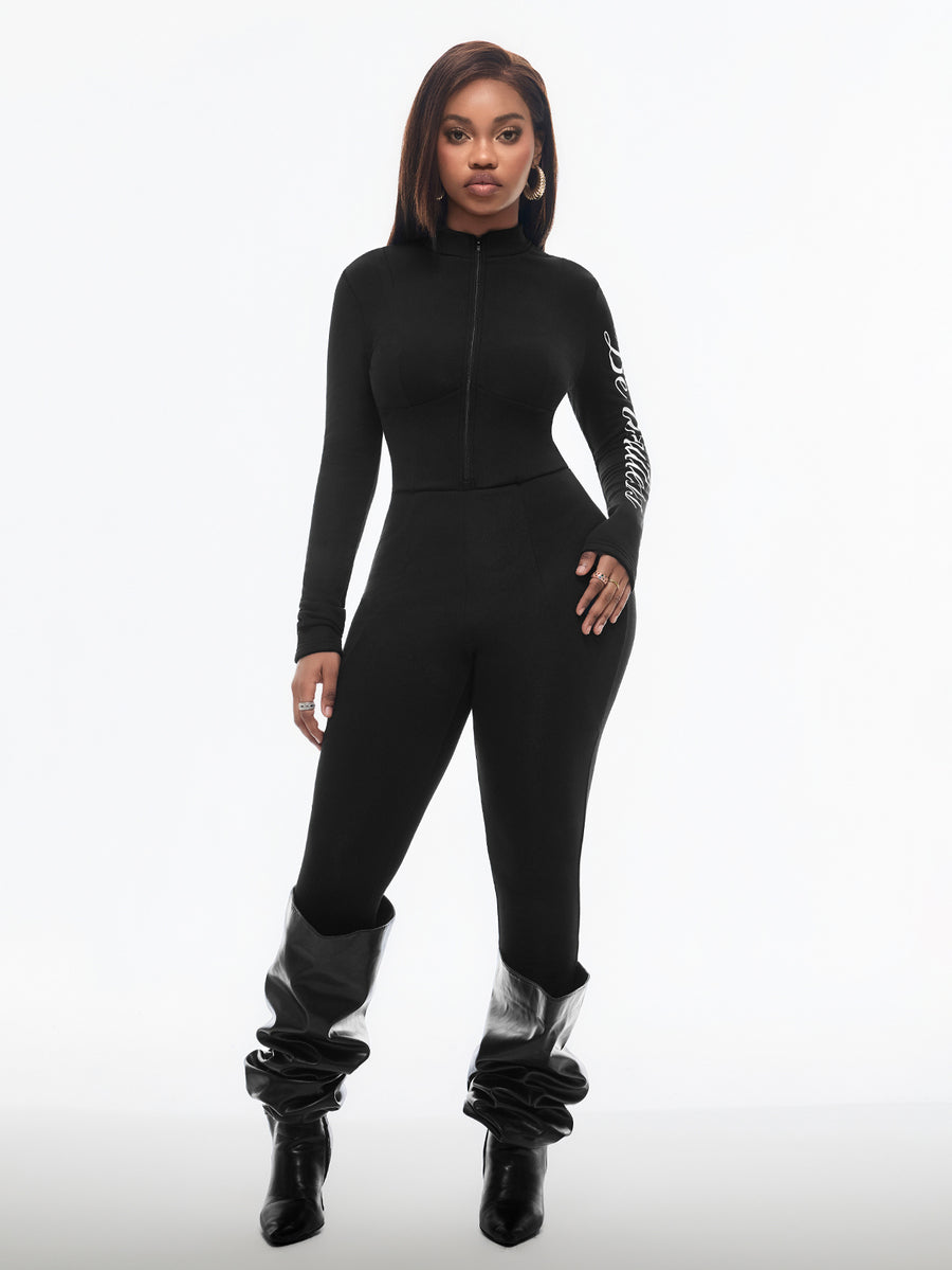 Fitted long sleeve unitard jumpsuit for women featuring a stand collar and front zipper closure in a solid color athletic style.