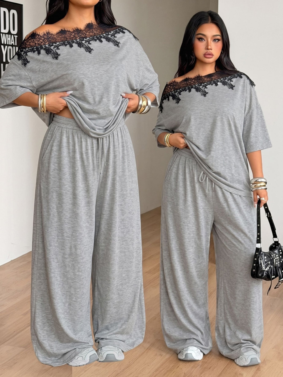 Women's casual two-piece outfit featuring a loose short-sleeve asymmetrical neck t-shirt and matching long wide leg pants with pockets.