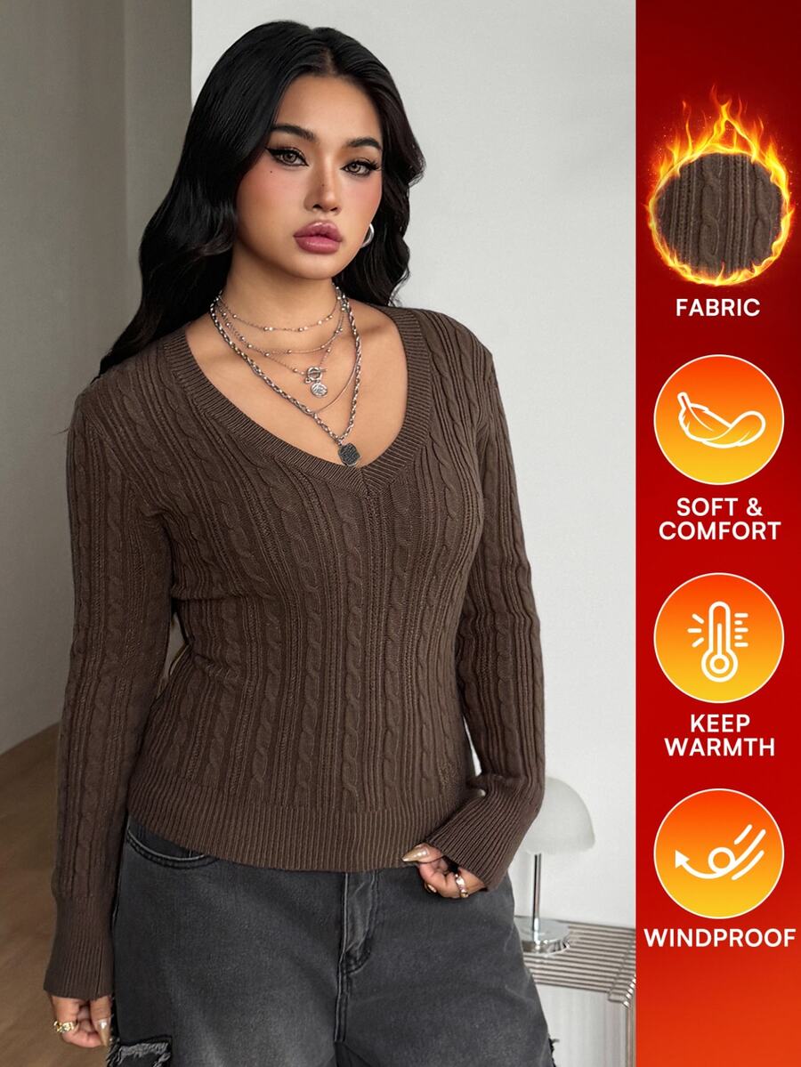 Women's brown V-neck cable knit slim fit long sleeve sweater with textured knit pattern
