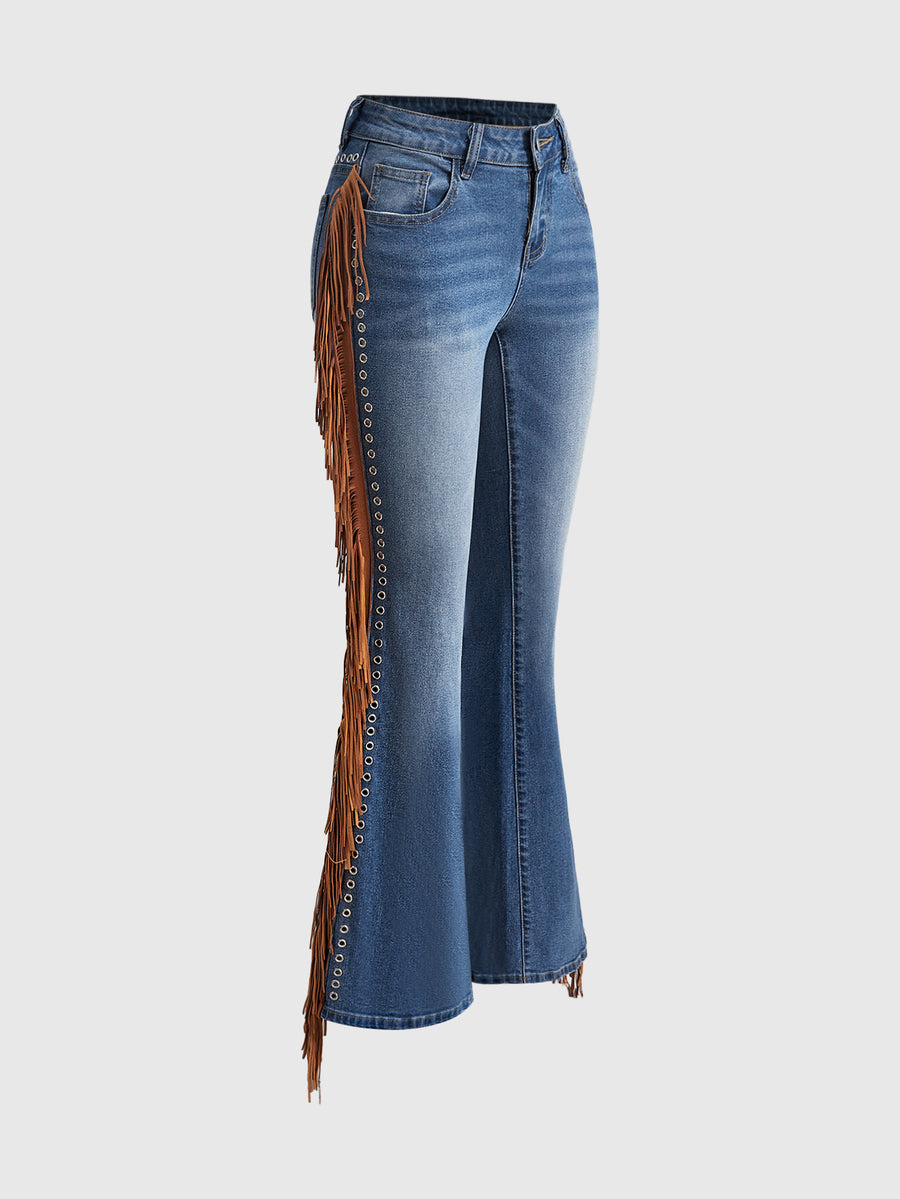 Women's ultra low waist flare jeans in washed stretch denim featuring an extra long bootcut leg and zipper fly closure.