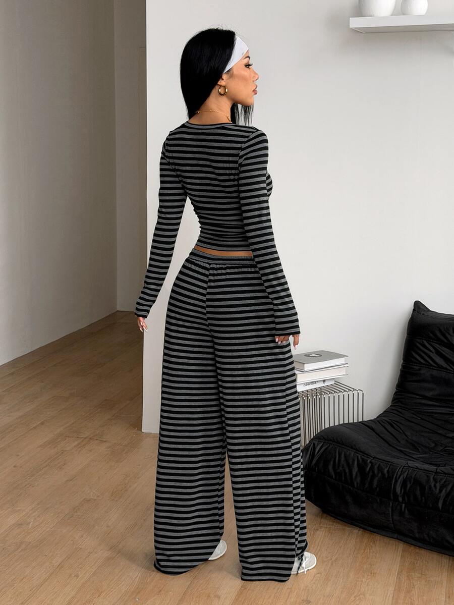 Women's two-piece knit homewear set featuring an army green striped long sleeve scoop neck top and matching straight-leg drawstring pants.
