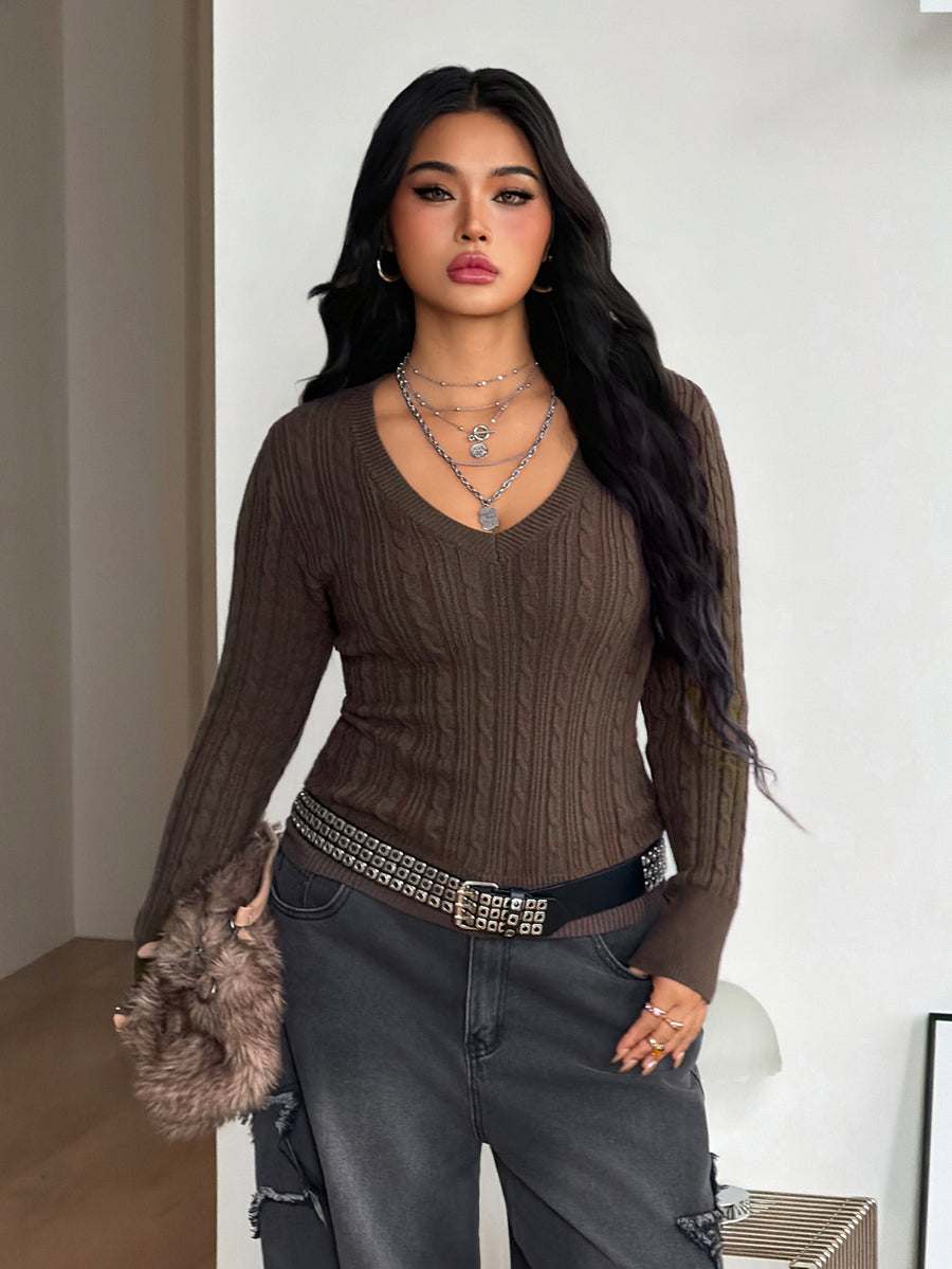 Women's brown V-neck cable knit slim fit long sleeve sweater with textured knit pattern