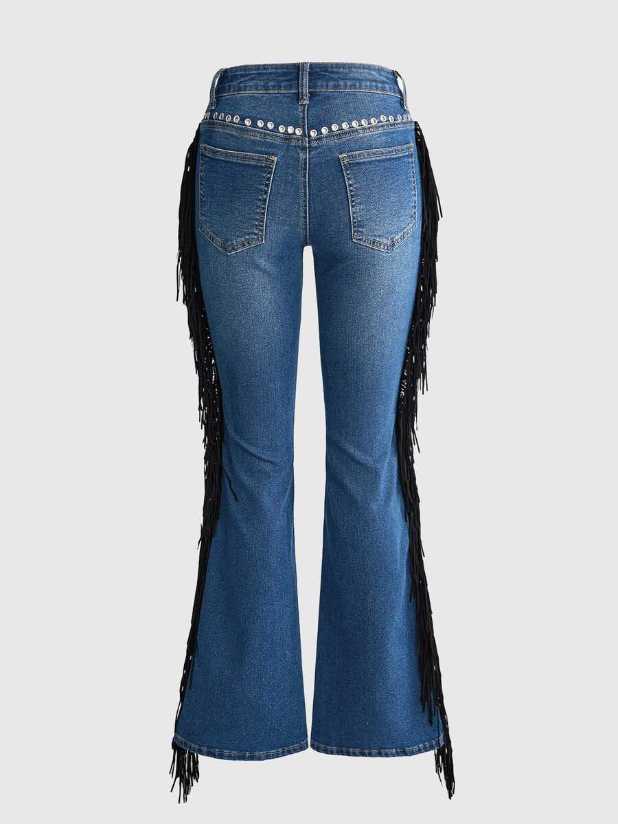 Women's ultra low waist flare jeans in washed stretch denim featuring an extra long bootcut leg and zipper fly closure.