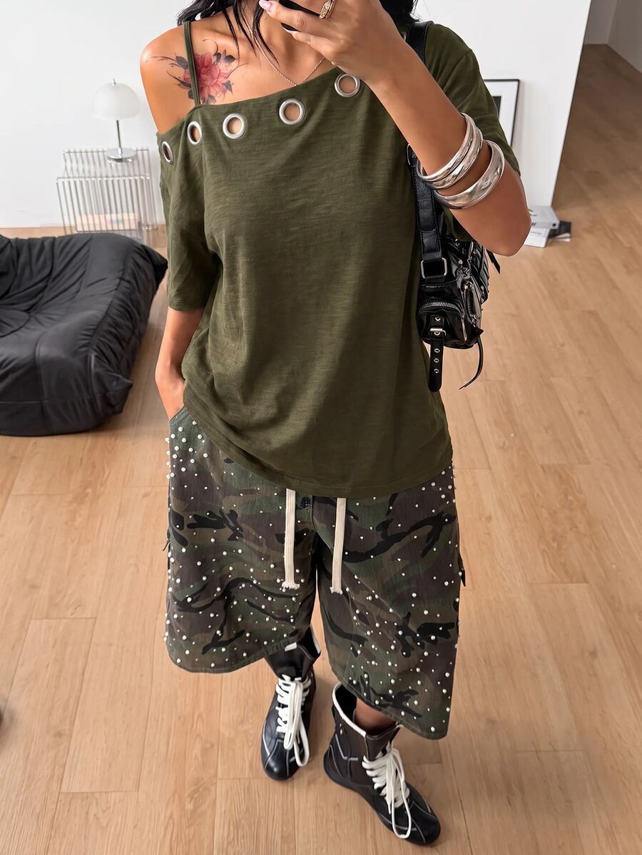 Women's casual loose fit cold shoulder cotton t-shirt with asymmetrical cutout neckline and short sleeves.