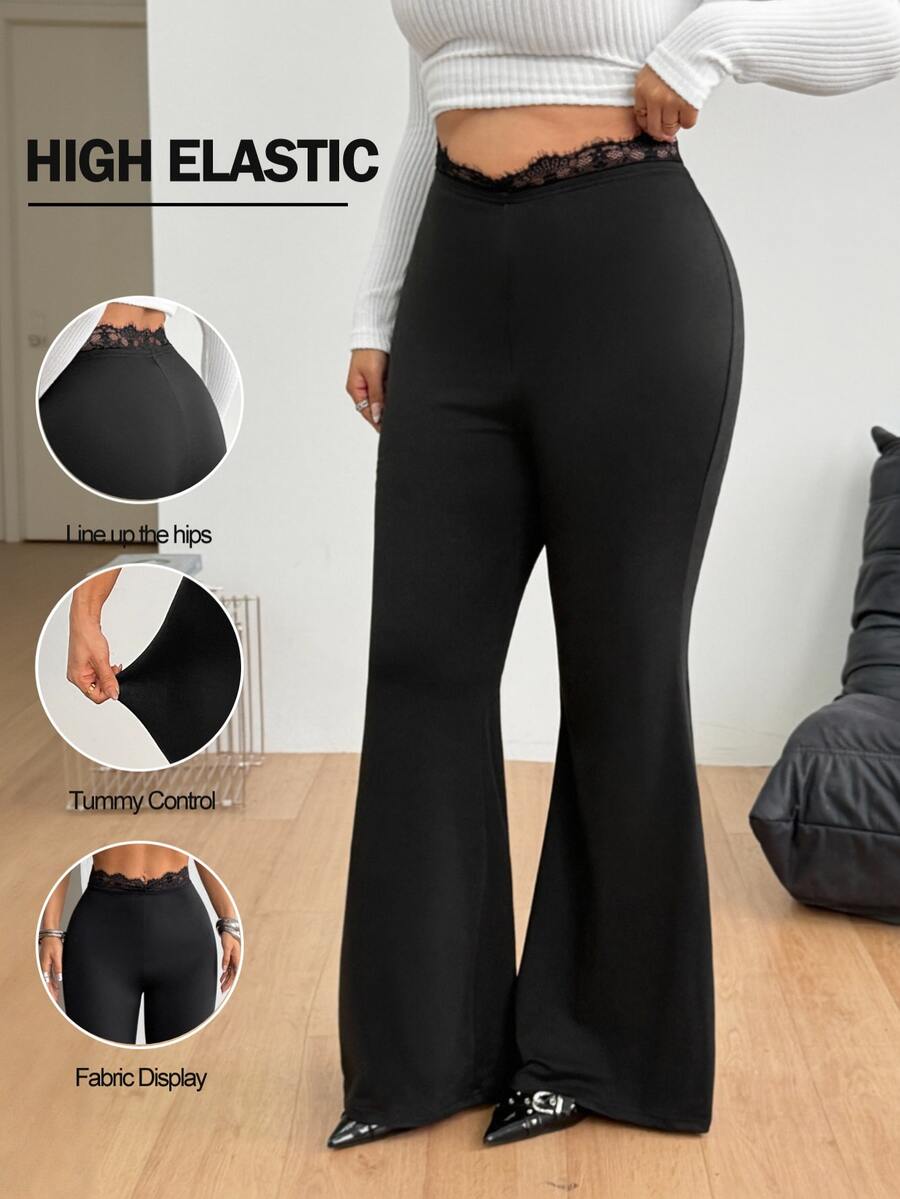 Women's plus size black flare leg pants with high elastic waist in stretchy knit fabric