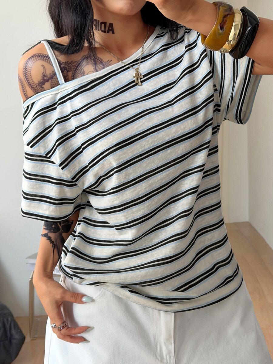 Women's casual loose fit cold shoulder cotton t-shirt with asymmetrical cutout neckline and short sleeves.