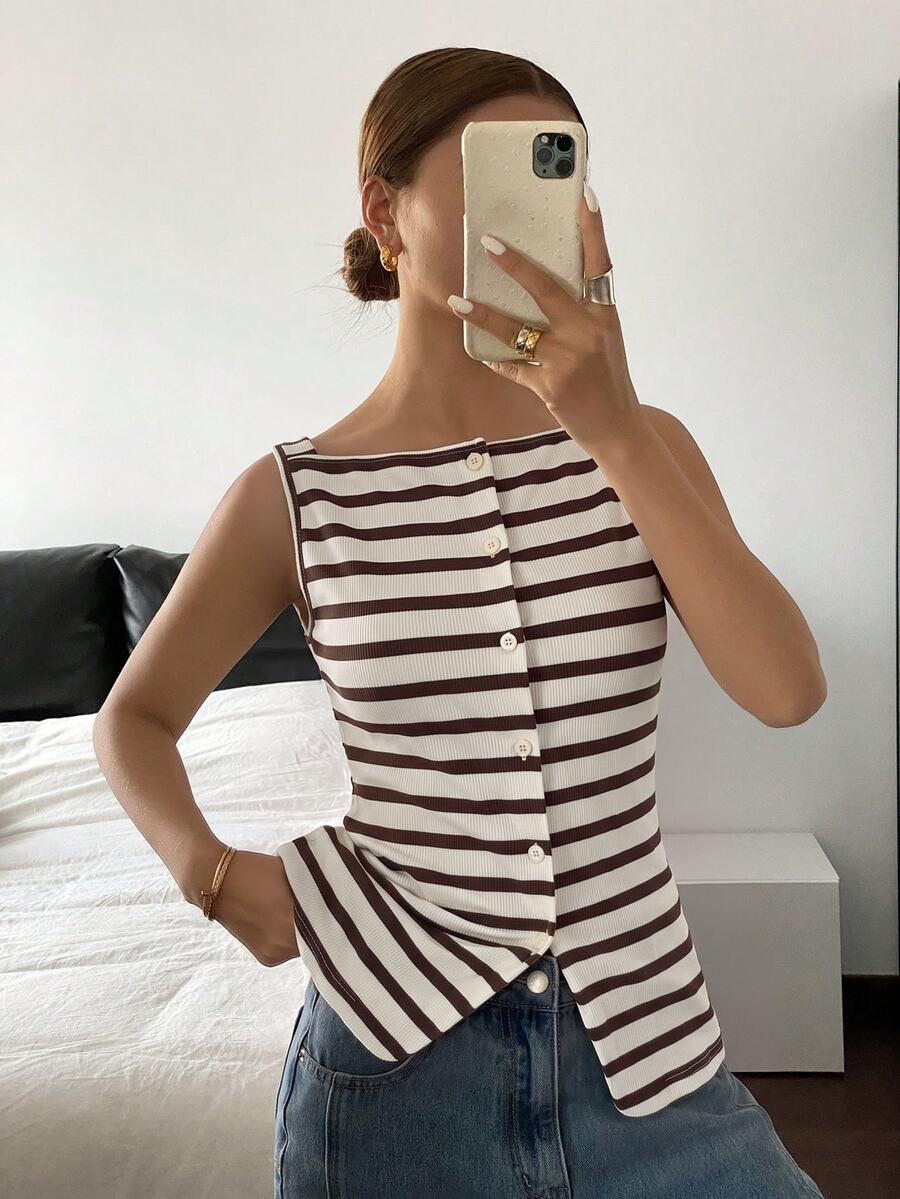 Striped ribbed knit tank top for women featuring a button-down front, sleeveless design, and slim fit silhouette.