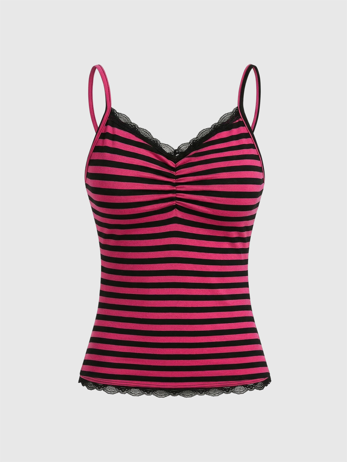 Women's striped rib-knit camisole top with contrast lace trim, ruched details, and spaghetti straps.