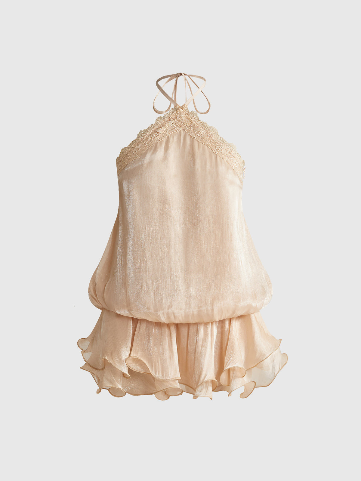 Front and back view of a women's halter neck sleeveless mini dress with contrast lace patchwork, tie knot backless detail, and layered ruffle hem.
