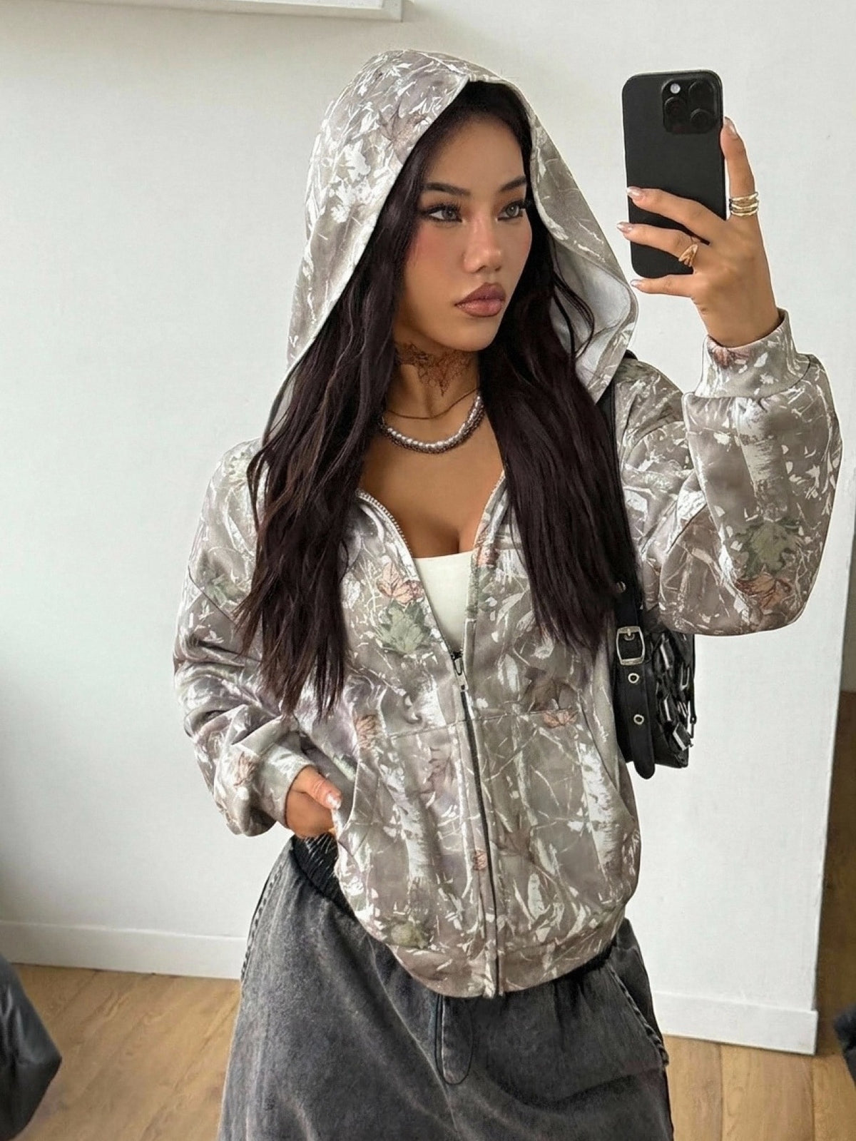 Women's brown leopard print zip-up hoodie with contrast faux fur trim and long bishop sleeves