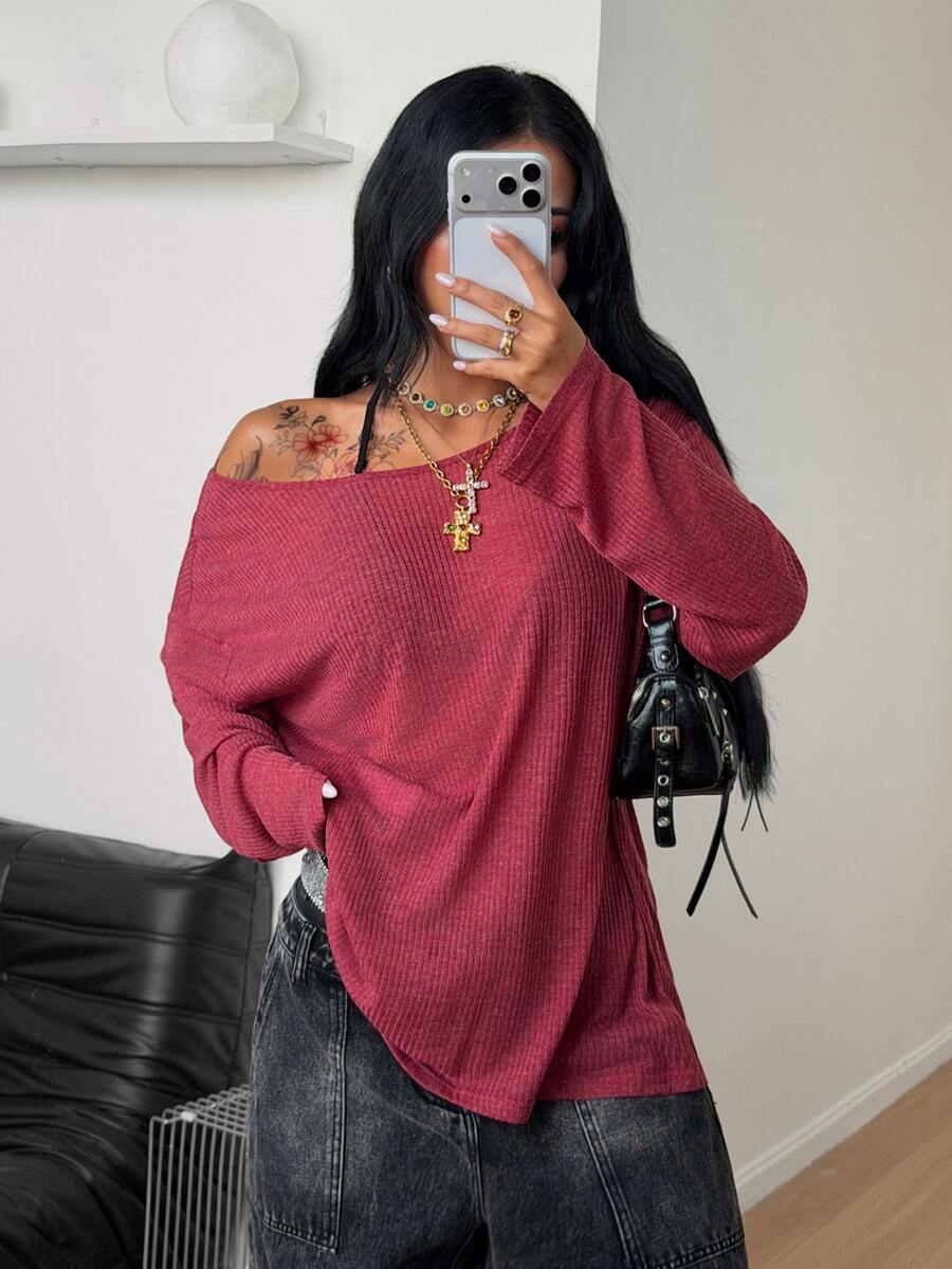 Women's brown striped boat neck long sleeve raglan T-shirt with a loose casual fit