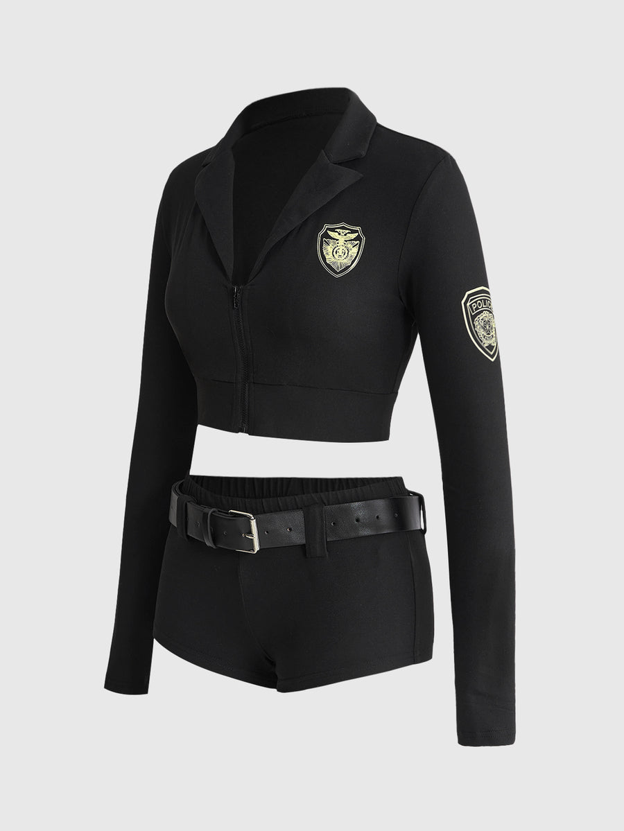 Women's two-piece black police cosplay costume set including a long sleeve zip-up cropped lapel top and low waist mini shorts.