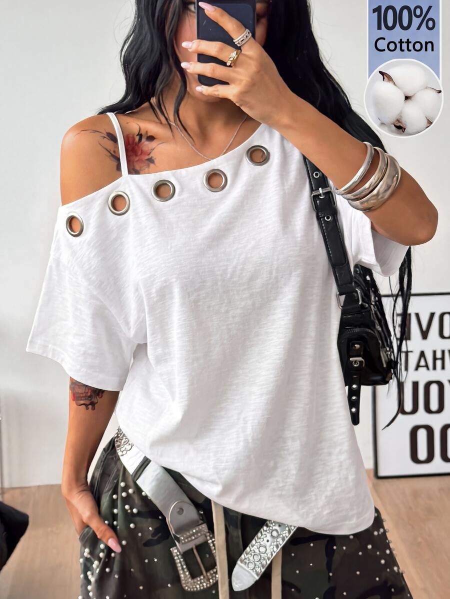 Women's casual loose fit cold shoulder cotton t-shirt with asymmetrical cutout neckline and short sleeves.