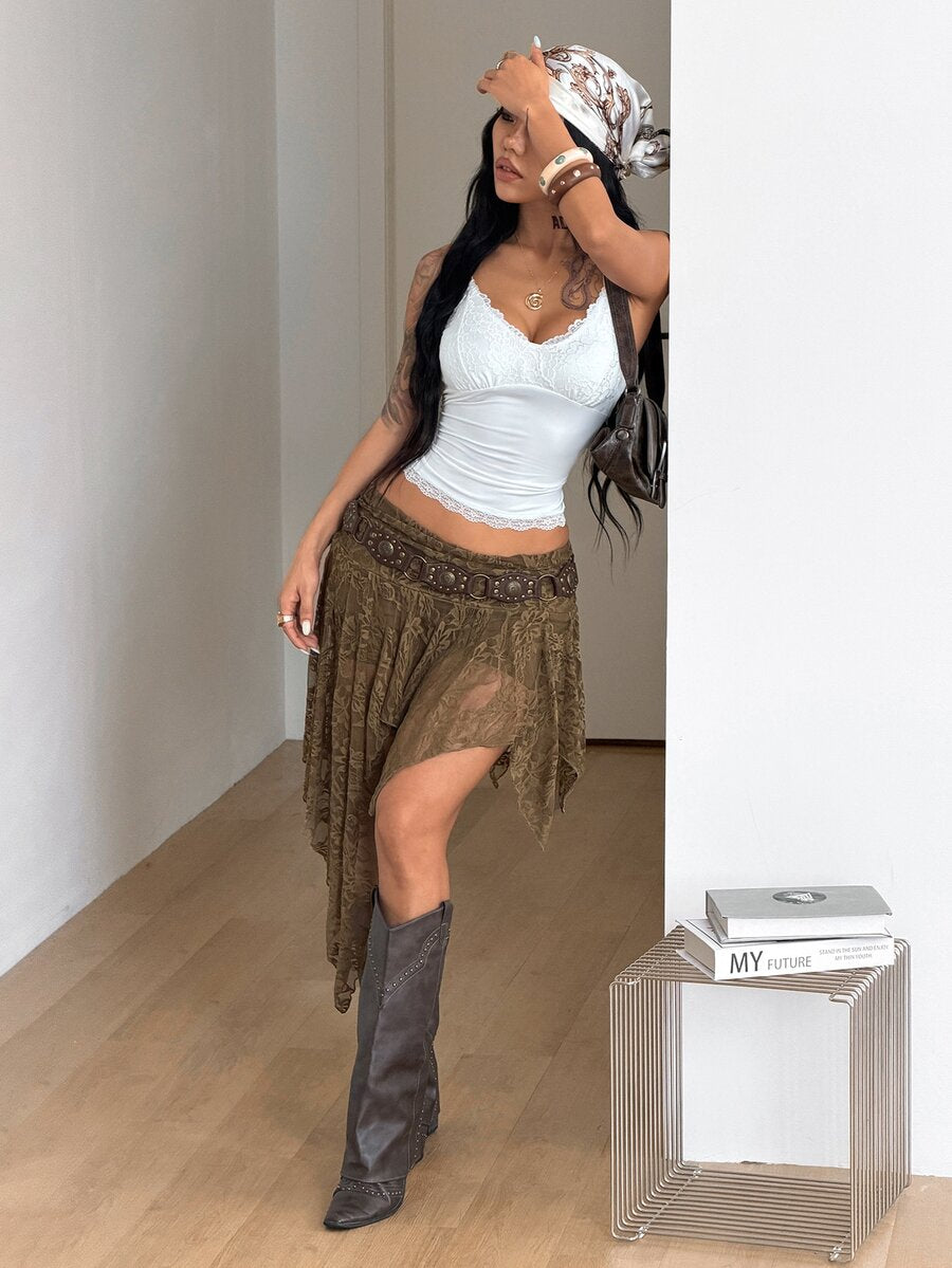 Women's floral lace mini skirt in white with asymmetrical ruffle trim and low waist design.