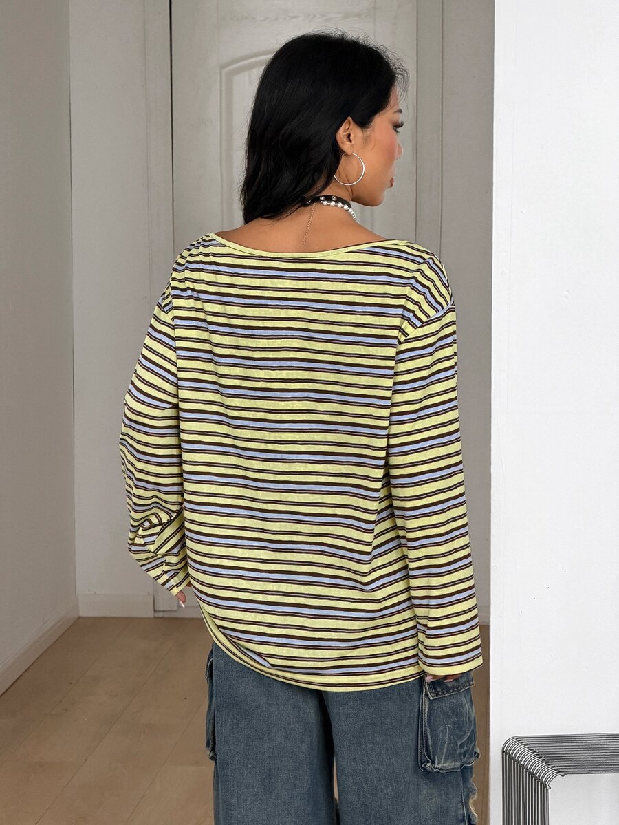 Women's brown striped boat neck long sleeve raglan T-shirt with a loose casual fit