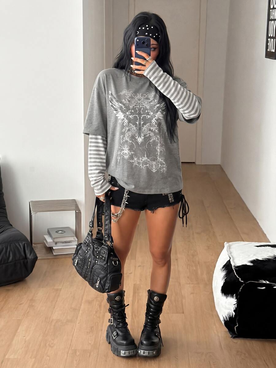 Women's casual graphic long sleeve t-shirt with a round neck, drop shoulder sleeves, and loose relaxed fit.