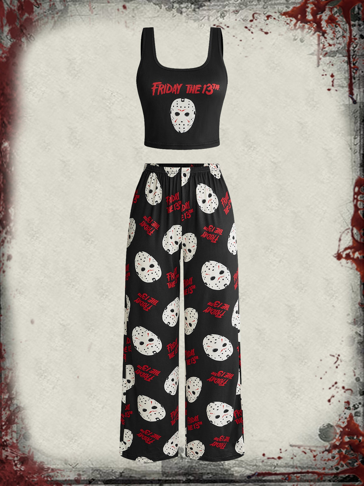 Women's gothic skull face print pajama set featuring a slim fit crop camisole and matching pants