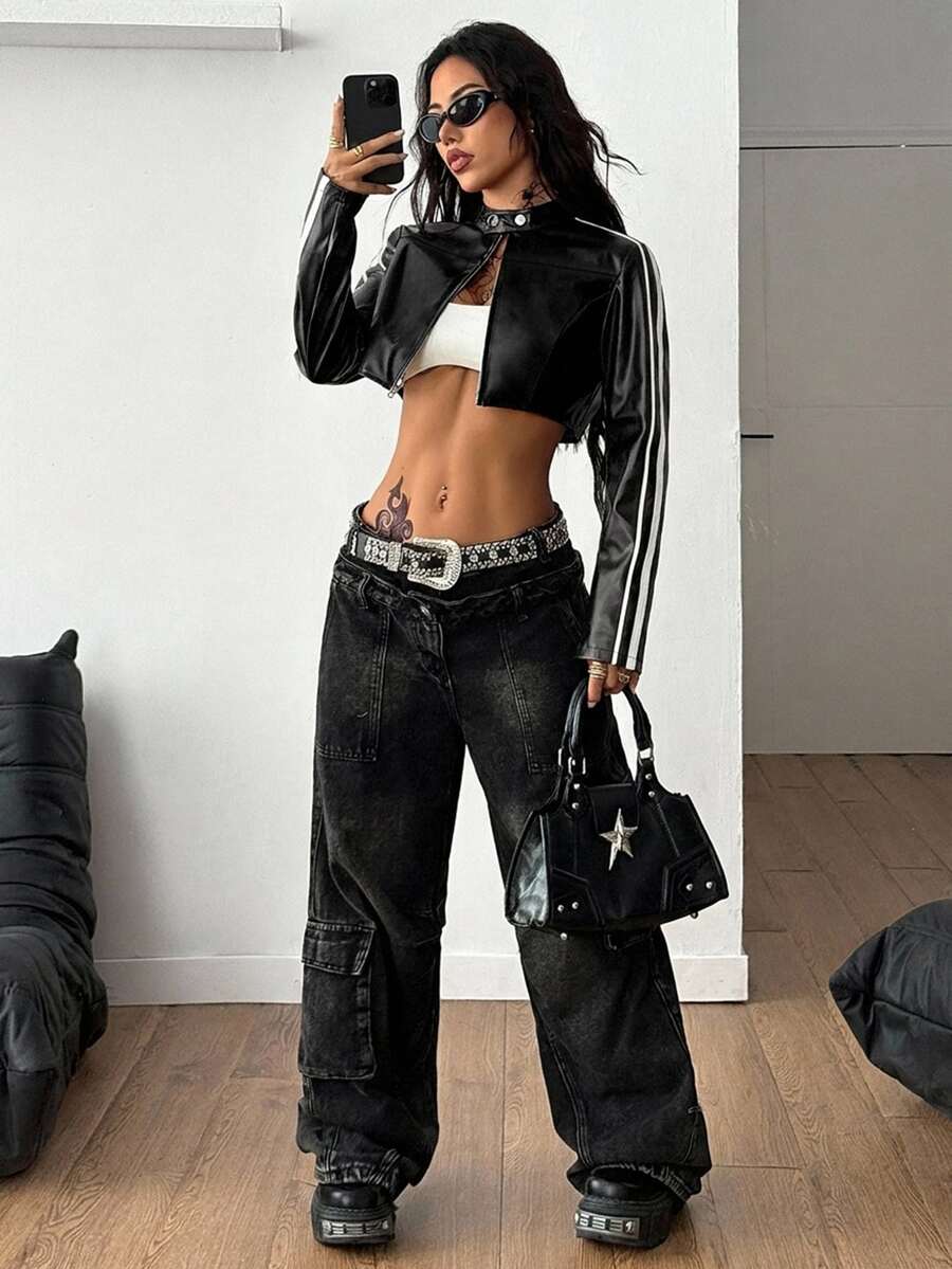 Front view of a women's black cropped PU leather jacket featuring a stand collar, long sleeves, and front zipper closure.